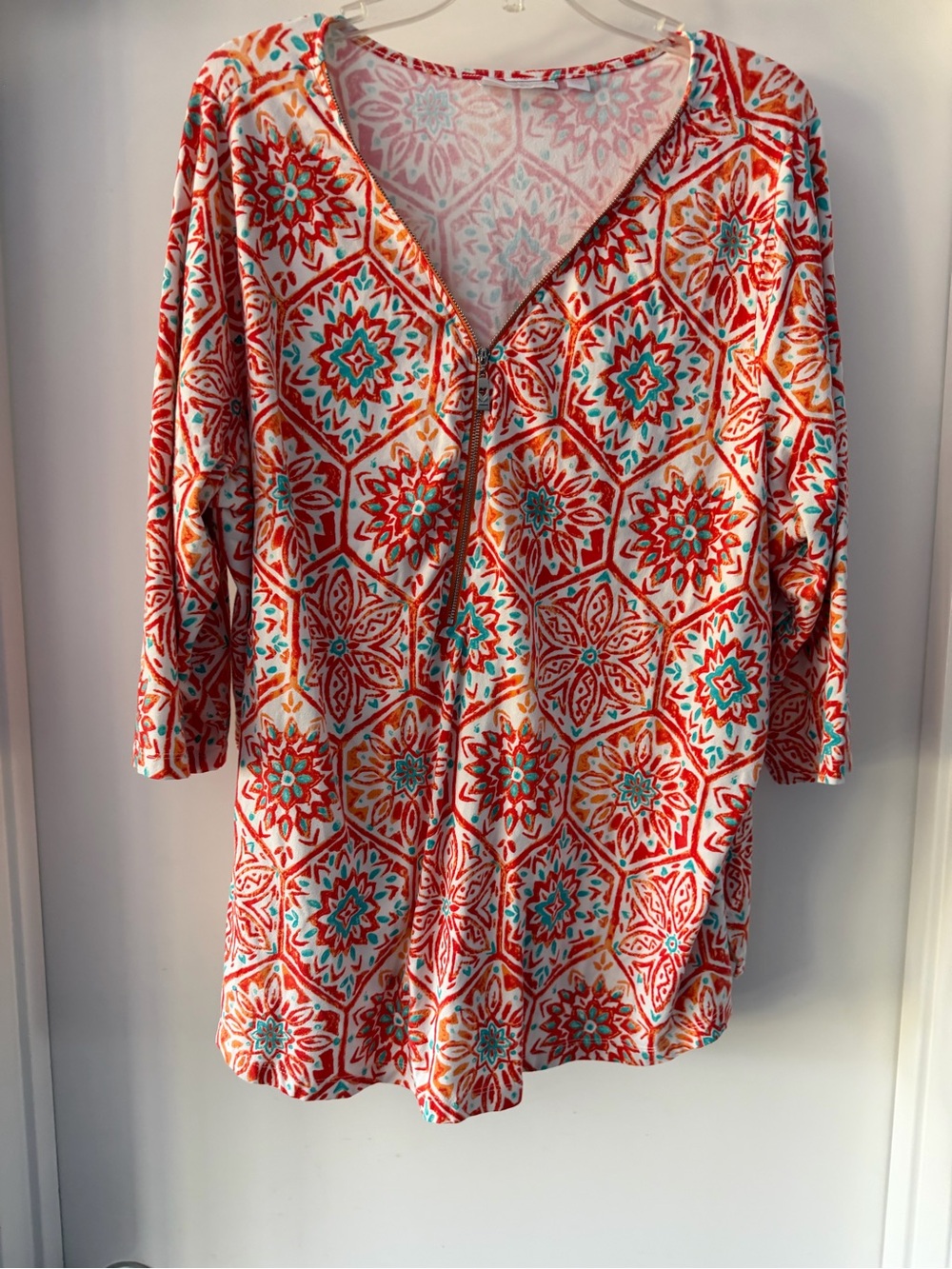Belle by Kim Gravel Coral, Teal & White Printed V-Neck Tunic